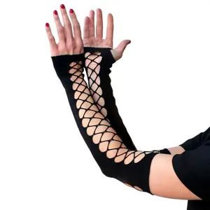 Millennials In Motion Goth Arm Warmers Ripped Fishnet Fingerless Gloves for Y2K Apocalyptic Look