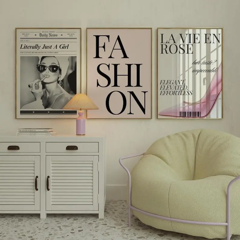 Set of 3 Pink Fashion Posters | Girly Printable Wall Art Bundle | Stockholm Style Room Decor