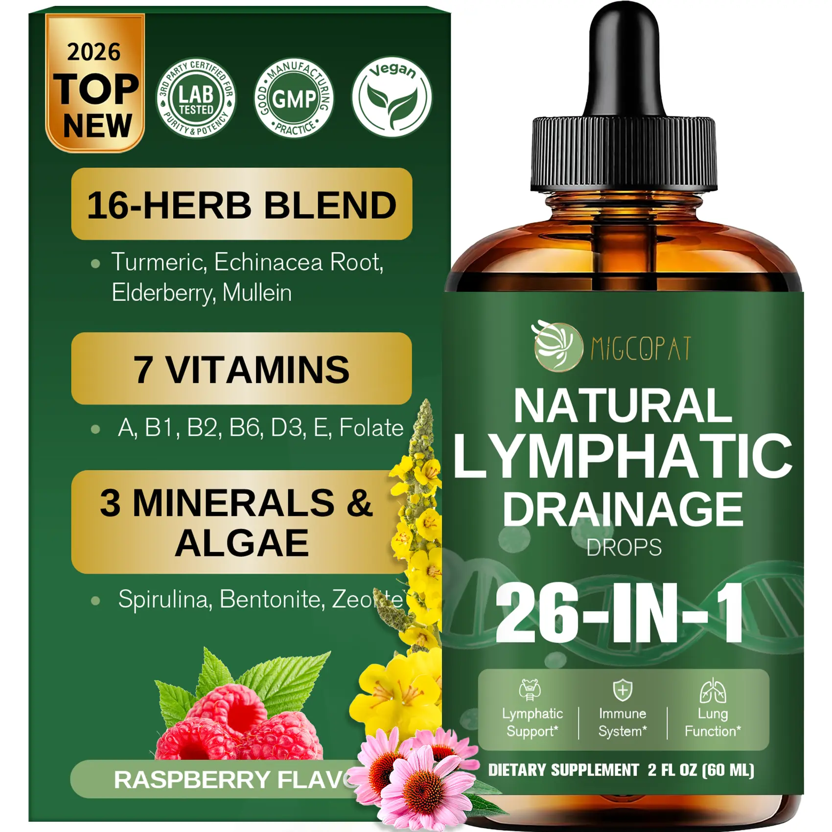 Migcopat 26-in-1 Liposomal Lymphatic Drainage Drops, Echinacea, Turmeric, Elderberry, Dandelion, Vitamins and Mullein Drops for Lungs, Lymphatic, Immune Support, Liver Cleanse Detox & Repair, 2 fl oz，#Summervibes