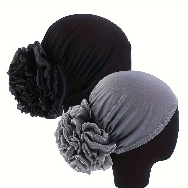 Women's 2 Piece Floral Turban Beanie, Breathable Woven Polyester Hat for Hair Loss, 1 Size Fits Most, 2Pcs, One Size Fit Most