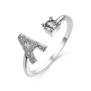 Creative Letter & Artificial Zircon Decor Cuff Ring, Adjustable Open Ring, Fashion Jewelry Accessories for Women & Girls,Stylish Silver A-z Initial Rings For Weddings Bridesmaids And Couples - Perfect Gifts For Love And Fashion