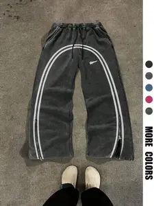 Men's Star & Striped Print Washed Distressed Drawstring Waist Sports Sweatpants, Regular Fit Casual Comfy Fashion Pocket & Zipper Design Pants for Fall & Winter, Sports Bottoms, Athleisure Style Bottoms