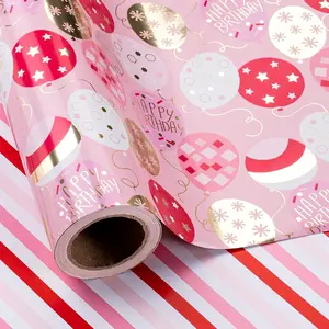 Birthday Reversible Wrapping Paper - Mini Roll - 17 Inch X 33  - Shiny Metallic  Happy Bday Wrapping Paper Girl for Birthday, Holiday,  Shower
