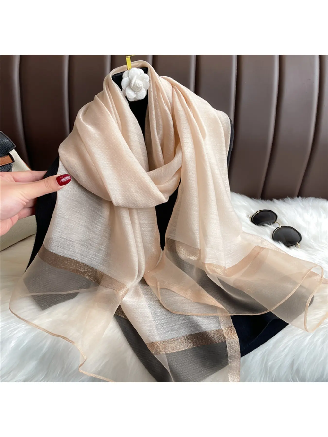 New modern Korean-style solid-color versatile casual women's long scarf, chiffon scarf with gold sequins, silk-wool scarf, spring/autumn sun protection shawl, Wrap