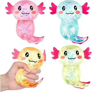 4Pack Glitter Axolotl Squishy Stress Relief Toys, Soft Slow Rising Sensory Fidget Toys for Kids & Adults, Ultra Soft Maltose Squeeze Ball, Anxiety Relief Birthday Party Favors, Cute Kawaii Animal Decompression Toy for All Ages