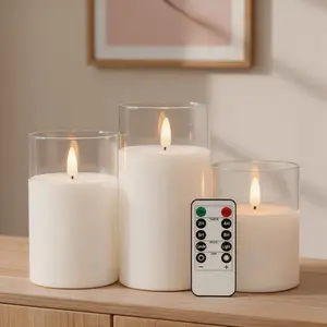 Glass Battery Operated LED Flameless Candles with Remote & Timer, Real Wax Warm Flickering Light (4", 5", 6") for Festival Wedding Home Party Decor (Pack of 3)-White