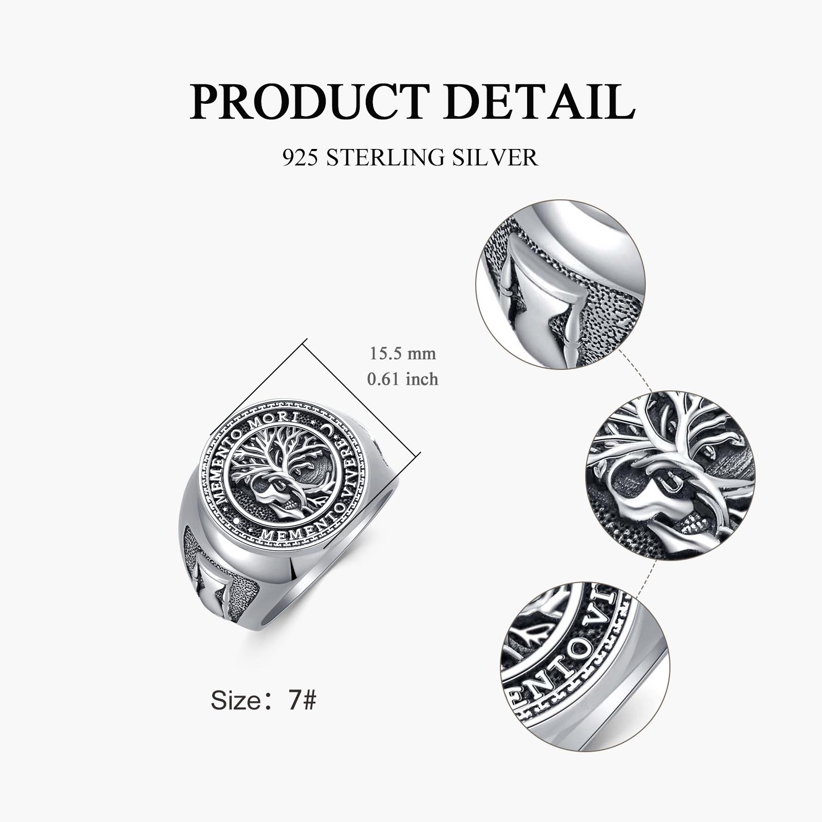 MEIDERBO Jewelry Memento Mori Ring for Men 925 Sterling Silver Tree of Life Ring Gothic Skull Memento Vivere Ring Amulet Jewelry Gifts