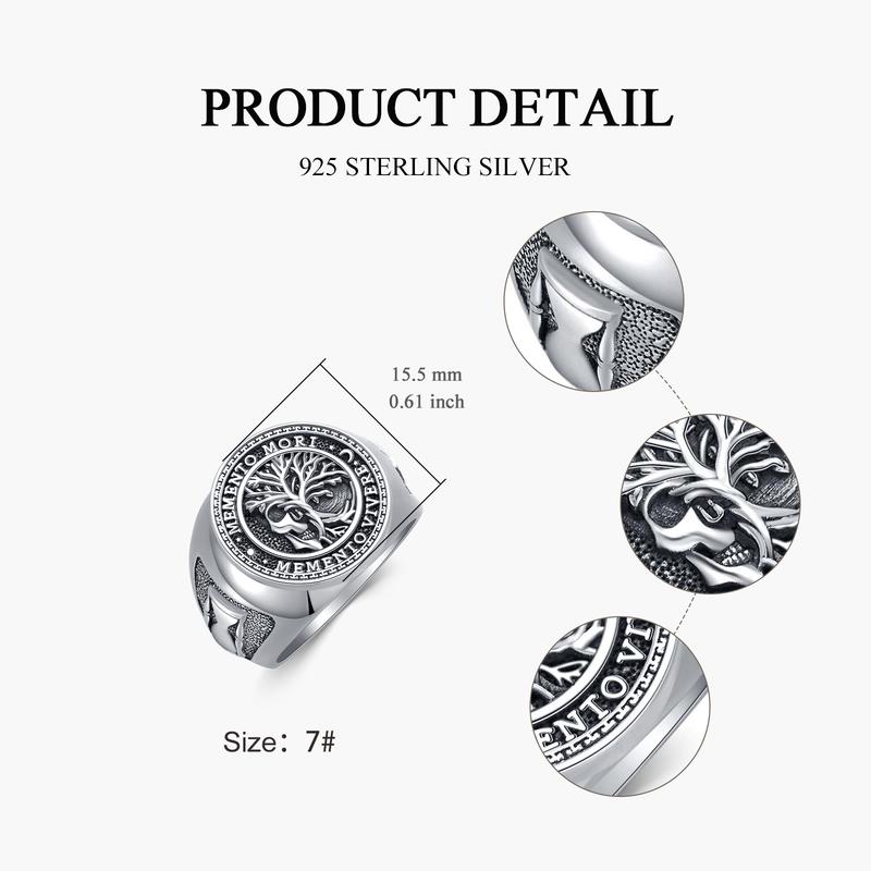 MEIDERBO Jewelry Memento Mori Ring for Men 925 Sterling Silver Tree of Life Ring Gothic Skull Memento Vivere Ring Amulet Jewelry Gifts