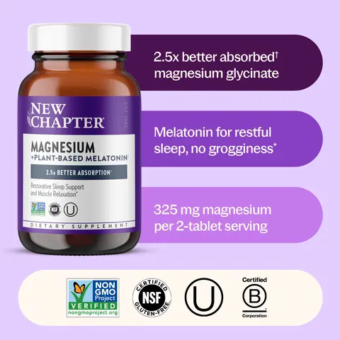 New Chapter Magnesium + Plant-Based Melatonin Sleep Aid - 2.5x Better Absorption+ for Sleep Support & Muscle Relaxation - 30 count