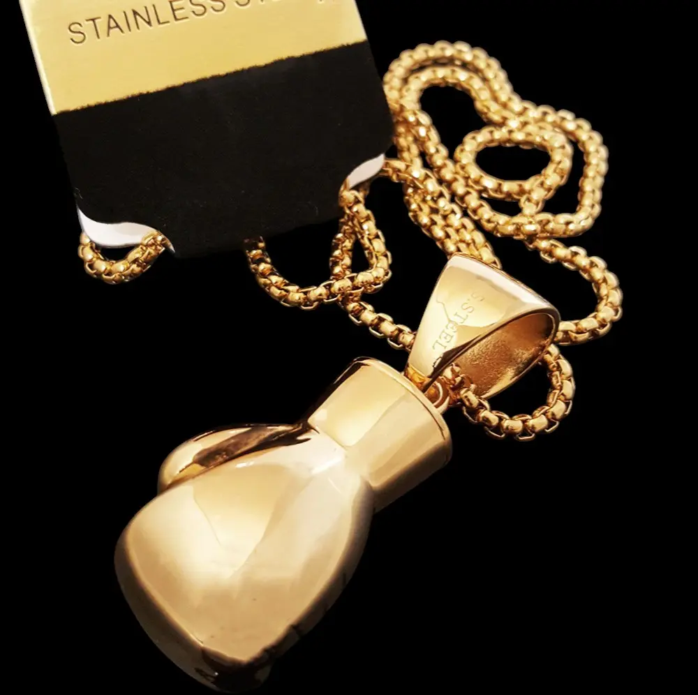 MaxBling81 Men's Unisex Boxing Glove Pendant Necklace - Stainless Steel Jewelry, Polished Gold Coating, 24-Inch Rolo Chain, Durable, Corrosion-Resistant for Daily Wear