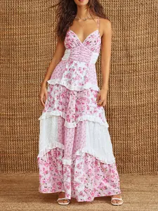 Women Boho Tie Shoulder Maxi Dress Y2k Floral Smocked Long Dress Sleeveless Flowy Summer Beach Sundress