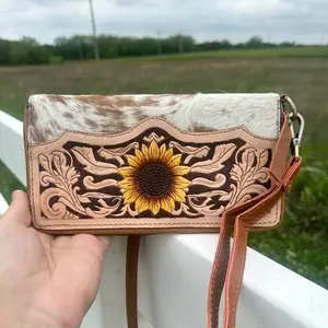 Sunflower Wallet with Real Hair on Hide - Handcrafted Design, Brown Color, Ideal for Everyday Use