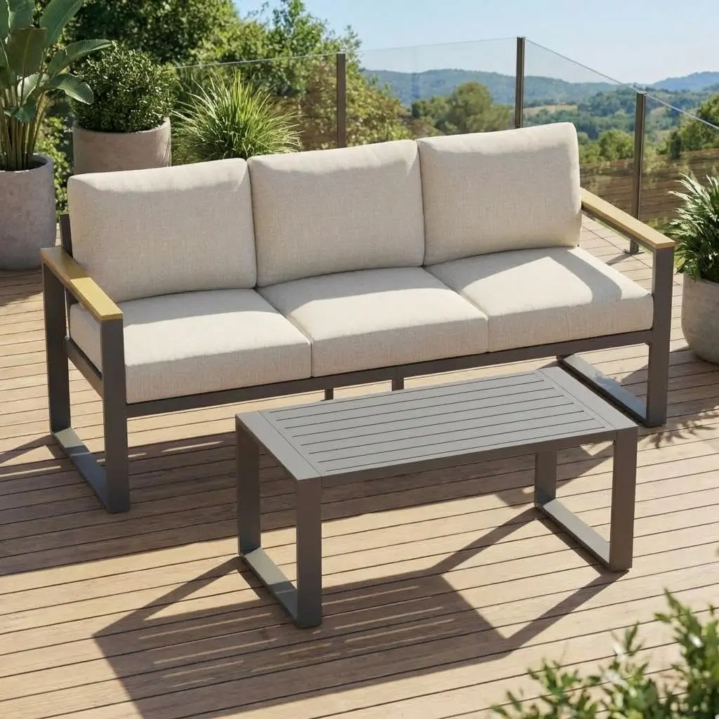Durable Aluminum Patio Furniture Set with 3-Seat Sofa and Coffee Table – All-Weather Outdoor Set with Comfortable Washable Cushions for Garden, Balcony, Deck, or Backyard