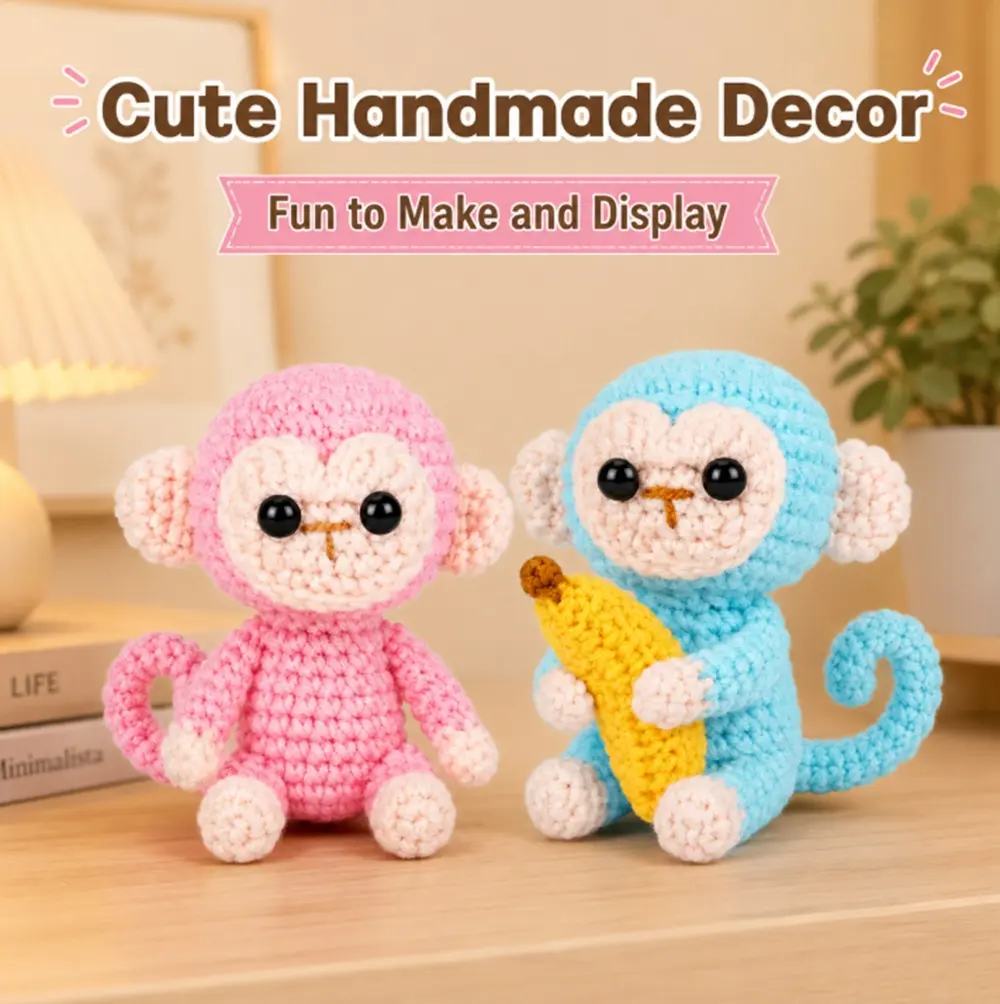 TIKA Beginner Crochet Kit 2-Pack Monkeys with Step-by-Step Video Tutorials, DIY Amigurumi Animal Crochet Set for Adults