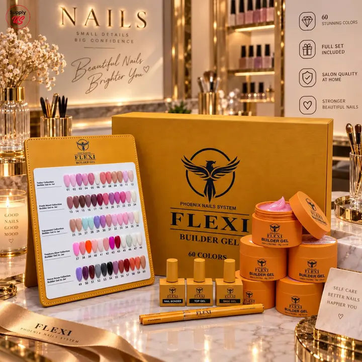PHOENIX FLEXI Builder Gel Jar Master Kit - 60 Colors with Color Chart, Free Extra 8oz Top, Base & Bond Refills