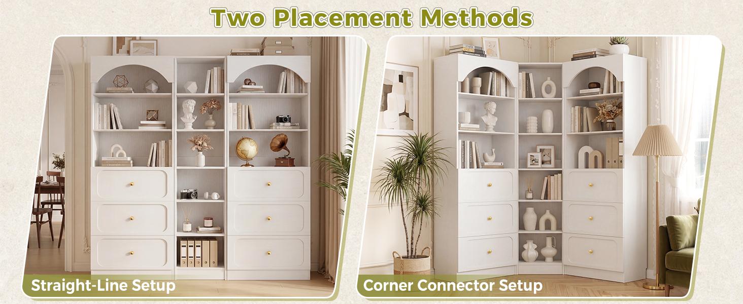 Cyclysio 80" Tall Arched Bookcase with 6 Wooden Drawers ＆ 12-Tier Open Shelves, Modern Set of 3 Freestanding Bookshelf Kitchen Pantry Storage Cabinet