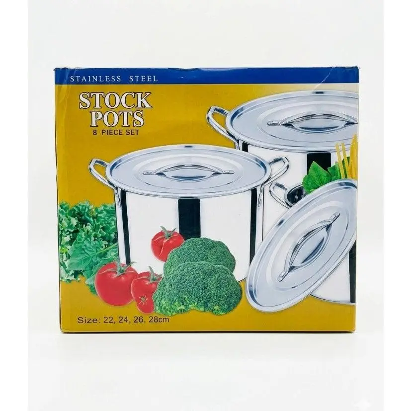 Stainless Steel Stock Pots 8 Piece Set - Sizes 22, 24, 26, 28cm - Ideal for Cooking & Baking