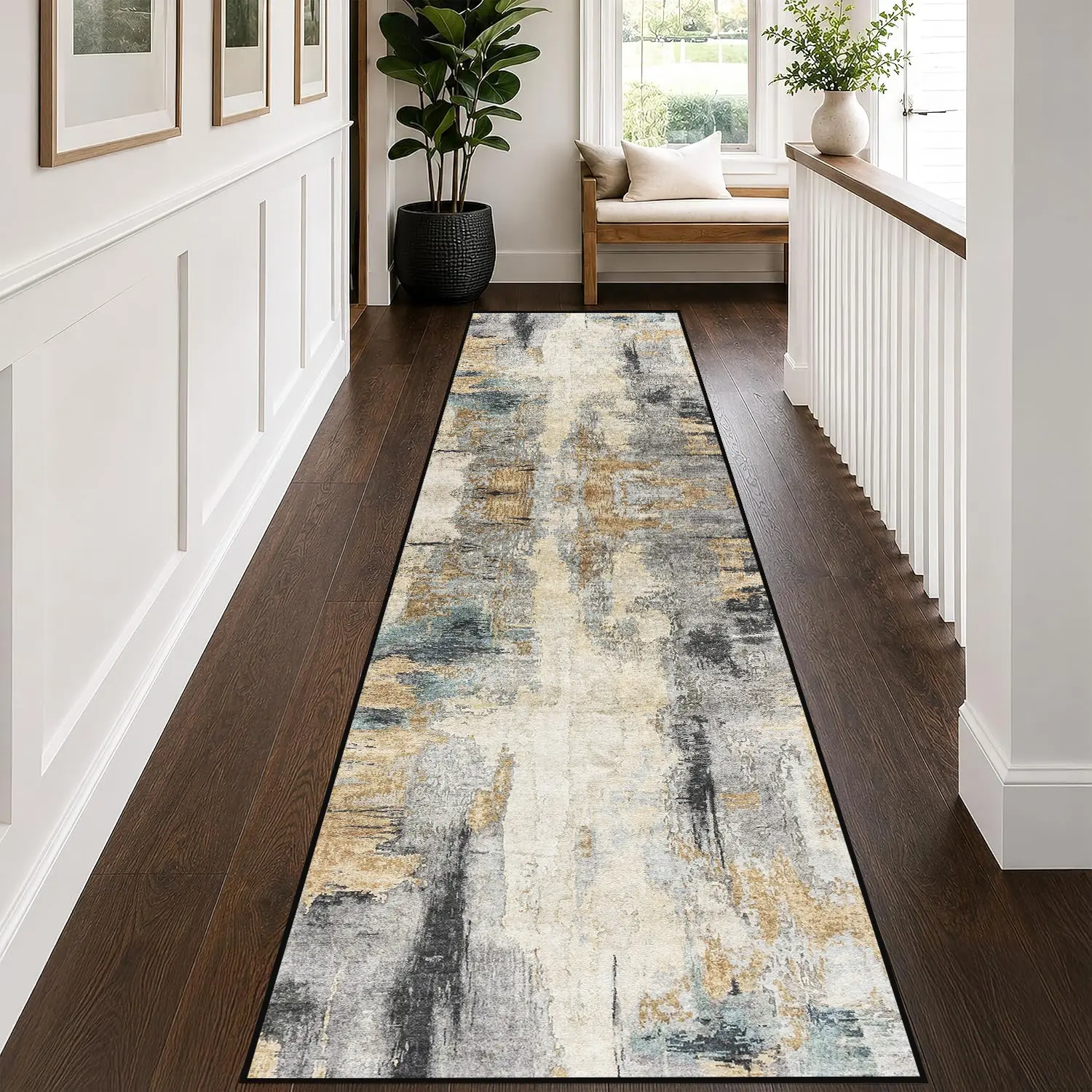 Modern Abstract Printed Hallway Washable Runner Rug - 2x10 Kitchen Rugs Entryway Rug Runner Vintage Soft Floor Mat Non Slip Indoor Farmhouse Carpet for Bathroom Living Room Bedroom