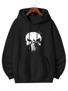MARVEL The Punisher White Ink Splatter Skull Logo Pullover Hoodie Black with Front Pocket Medium Size