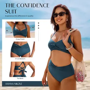 Hanna Nikole Women's Bikini Suit High Cut 2 Piece Swimsuit Gathered Modest Swimsuit Knotted Font Cross Cross