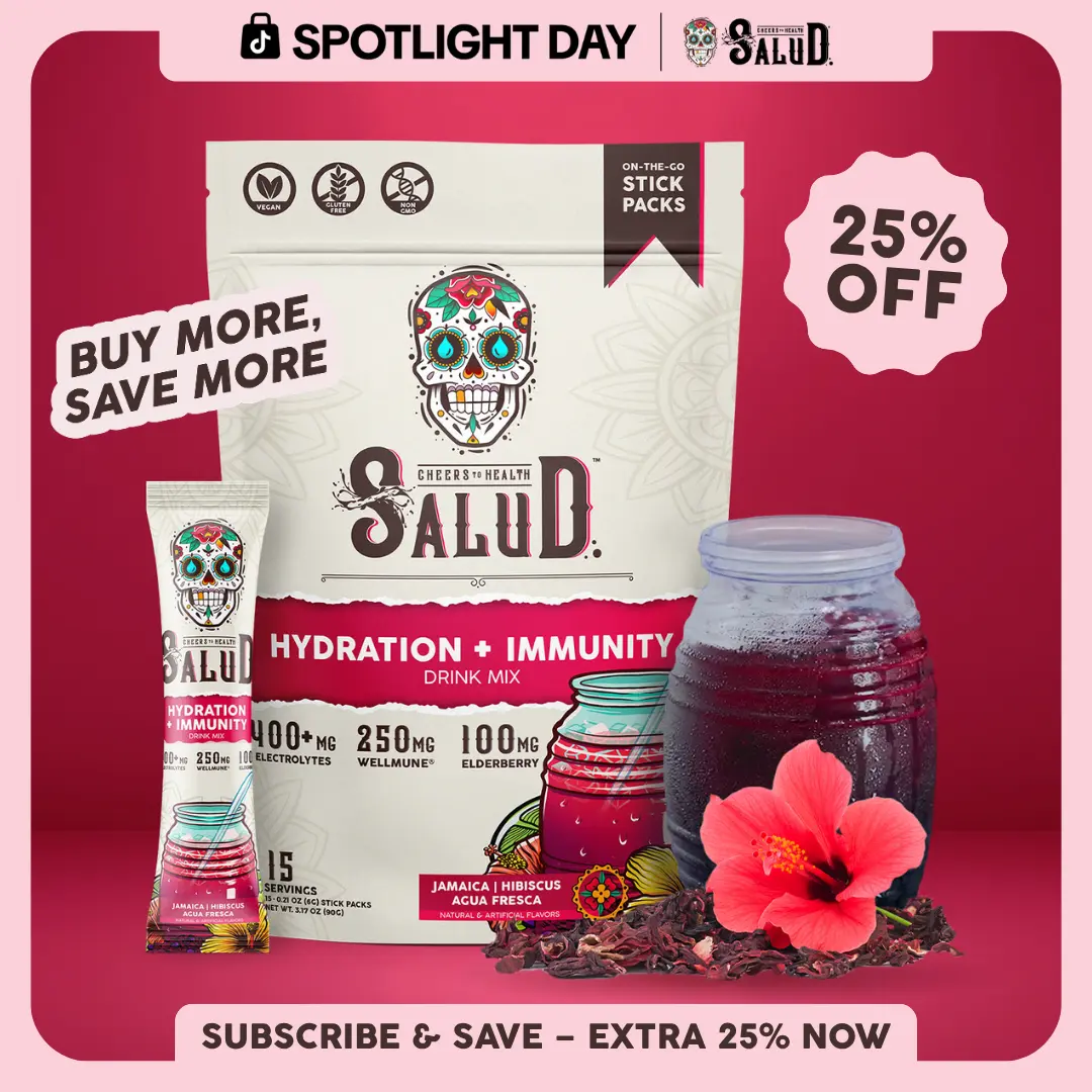 Salud 2-in-1 [Hydration + Immunity - Jamaica | Hibiscus] 400mg Electrolytes, 250mg Wellmune, 100mg Elderberry, Dairy & Soy Free, Non-GMO, Gluten Free - Healthcare, Vitamin (15 Servings)