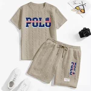 Men's USA Flag Letter Graphic Textured Fabric Drawstring Waist Shorts Set 2 Counts, Short Sleeve T-Shirt & Pocket Track Shorts, Casual Fashion Cozy Men Two-Piece Outfits For Spring & Fall