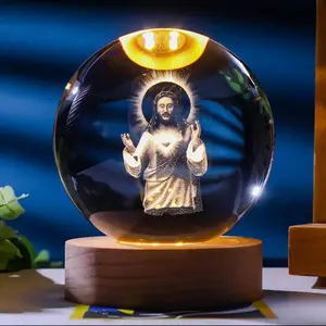 Father Jesus Crystal Ball 3D Carving with Warm Light-ReligiousGlass Ball in Wooden Frame for Home Decor &Collectible Gifts Ornaments Decoration