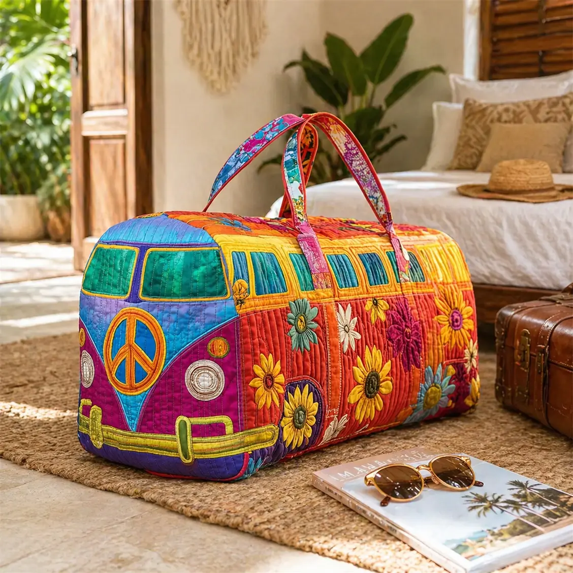 Women’s Quilted Bohemian Retro Hippie Van Overnight Carry-On Zipped Weekender Bag, Large Capacity Floral Travel Duffle Tote for Vacation, Road Trip, Overnight Travel Bags, Bohemian Travel Bags