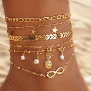 Set Of 5 Golden Pineapple Pearl Anklets