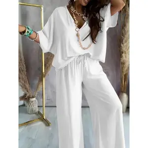 Womens Elegant Solid Color Knit V-Neck Half Sleeve Top and Wide Leg Pants Set , Polyester Fabric. Womenswear Trouser two piece set women