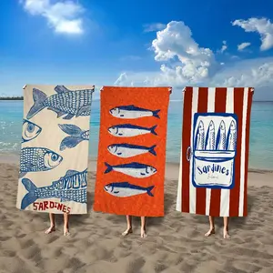 Sardine Fish Beach Towel -  Fun Cartoon Sardine Beach Towel -  Blue And Vintage Bohemian Sardine Towel