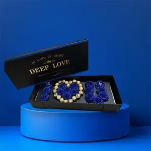 Deep Love Custom Rose Box Handcrafted Royal Blue Roses with Gold Heart Centerpiece for Anniversaries Birthdays Valentine's Day Long-lasting Elegant Gift