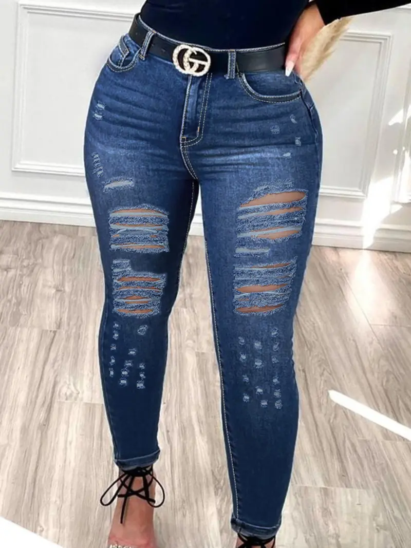 Plus Size High Waisted Denim Jeans, Sexy Tight-Fitting Casual Ripped Skinny Pants, Washable Stretchy Women's Fashion for All Seasons