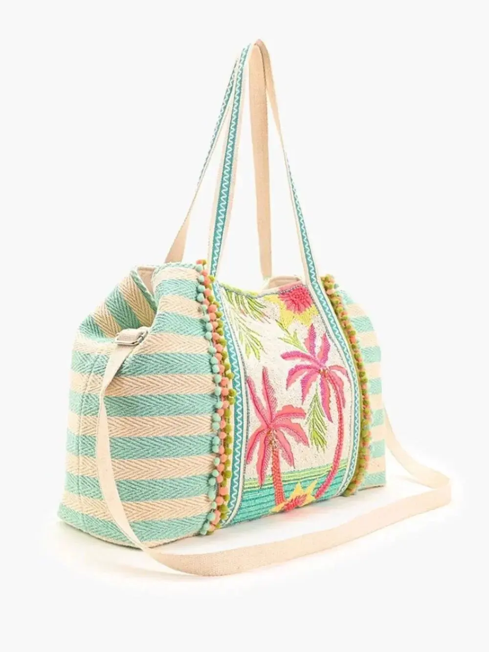 America & Beyond Women's Classic Palm Tree Pattern Tote Bag - Lightweight Woven Beach Weekender with Embroidered Tropical Palms, Beaded Details, Decorative Pom Trim, Floral Accents, Beach Girl Aesthetic for Casual Outings