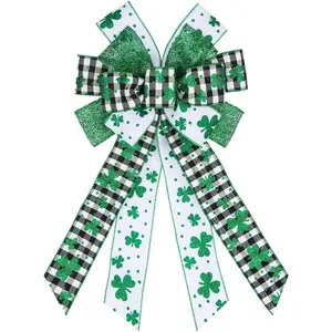 Large St. Patrick's Day Wreath Bows, Black White Buffalo Plaid Clover Bows for Wreath Green Glitter Decorative Bow for Front Door Farmhouse Wreath Bows for Outdoor Fence Party Decor