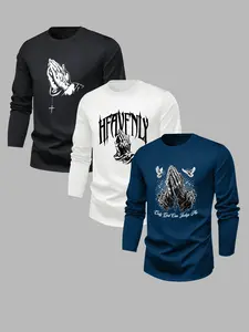 Men's Classic 3-Piece Set Letter Print Streetwear Long Sleeve T-Shirts, Casual Fitted Tops for Spring & Fall, Comfortable Moderate Fabric, Menswear