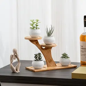 New Multi-Layer Bamboo Desktop Plant Stand, Creative Home Office Succulent Pot Rack, Tree Branch Structure, Durable Modern Style