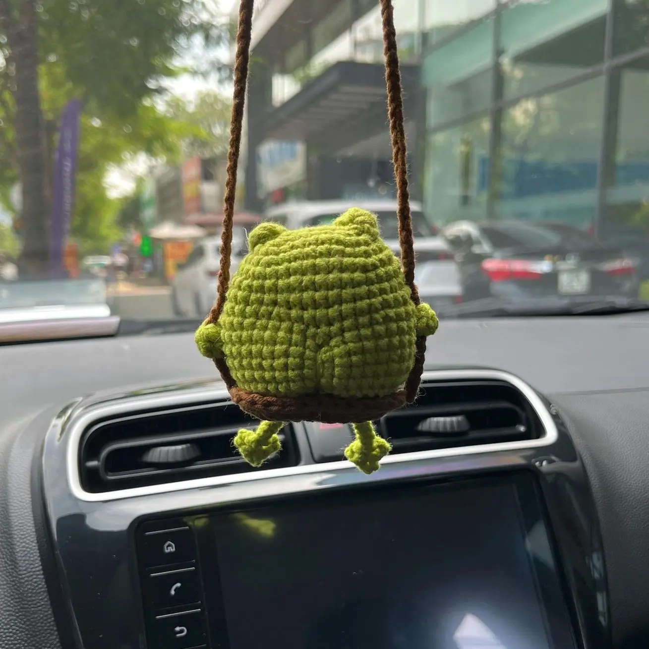 Crochet Frog Car Charm, Cute Rearview Mirror Hanger, Funny Car Accessory, Handmade Gift