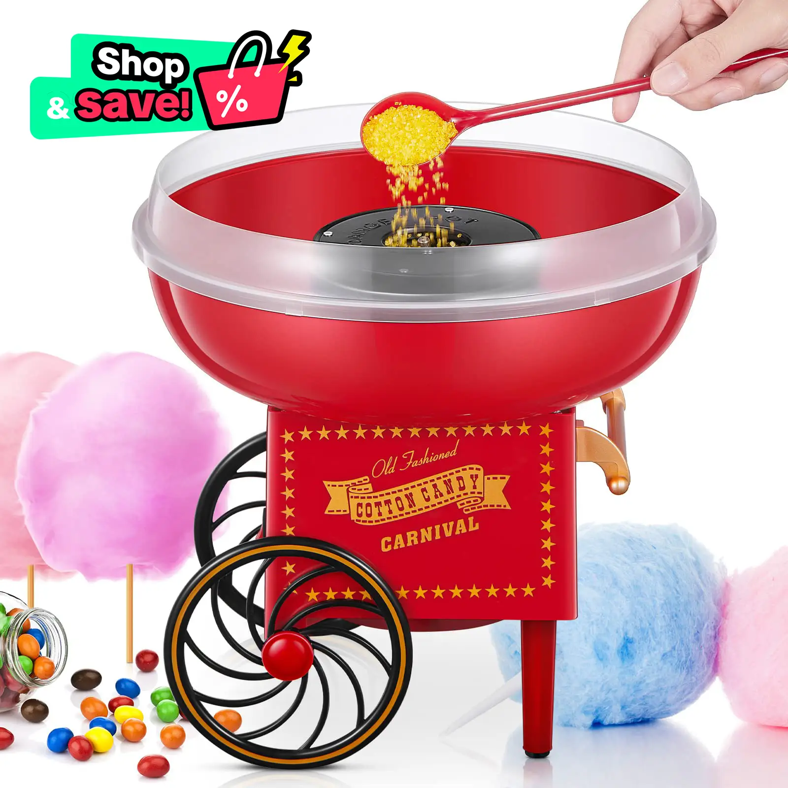 FOHERE Cotton Candy Machine for Kids, Black Friday,Countertop Cotton Candy Maker Homemade Candy Sweets for Birthday Parties, Includes a Scoop and 10 C