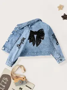 Girls' Faux Sequins Pattern Denim Jacket, Cute Fashion Bowknot Print, Colorblock Letter Sleeves, Casual Outerwear for All Seasons
