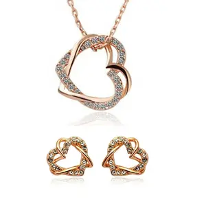 Yiwu Fashion Jewelry Factory Jewelry Customized Double Diamond Heart Necklace Earring Set