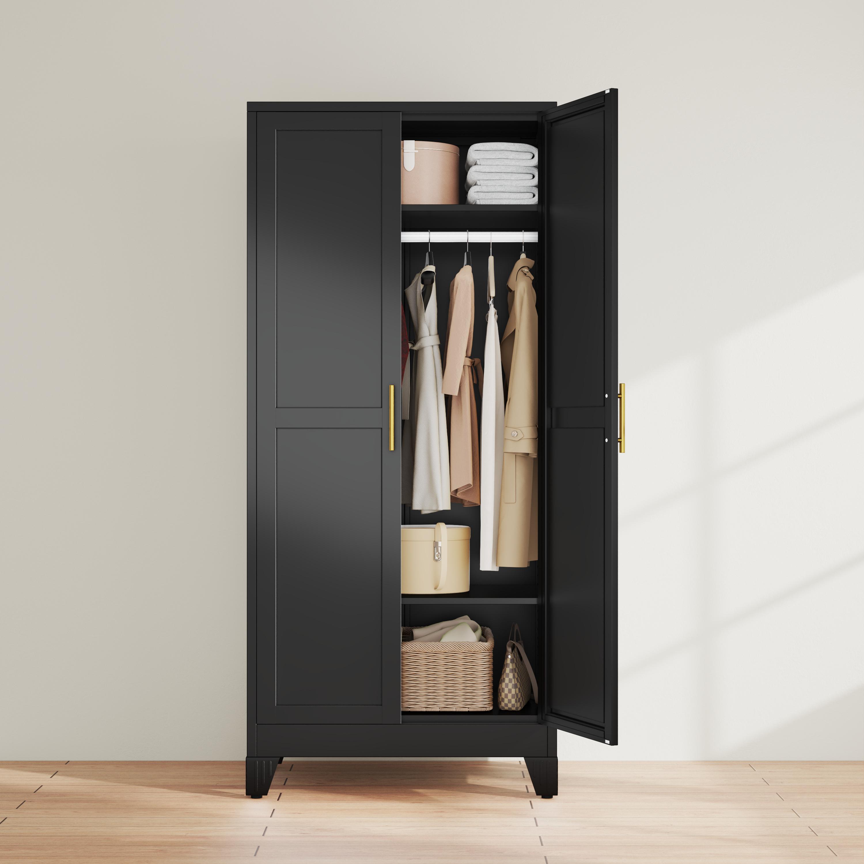 Metal Armoire Wardrobe Closet with 2 Doors, Freestanding Bedroom Clothing Storage Cabinet with Adjustable Shelves & Hanging Rod
