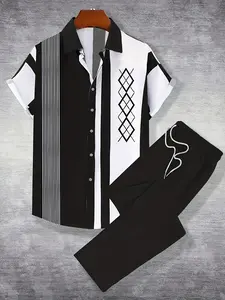 Men's Autumn & Winter Black-and-White Striped Shirt + Pants Set Business-Casual Style, Trendy Men's Clothing, Suitable for Commuting, Outdoor Activities & Leisure—Also Perfect as Inner Wear