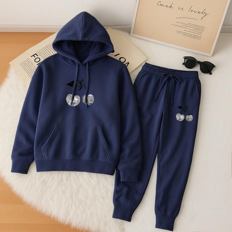 Women's Cherry Hoodie And Drawstring Track Pants Set, Casual Sportswear, Long-Sleeved Hooded Jacket And Pants, Suitable For Autumn And Winter, Everyday Wear, Indoor And Outdoor Sportswear, Sportswear Set, Casual Sportswear.