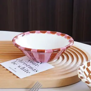 Rose Striped Ceramic Bowl, Creative Hand-Painted Chessboard Design, Elegant Dessert Bowl for Home, Restaurant, Coffee Shop, Gift Idea, Ceramic Salad Bowls