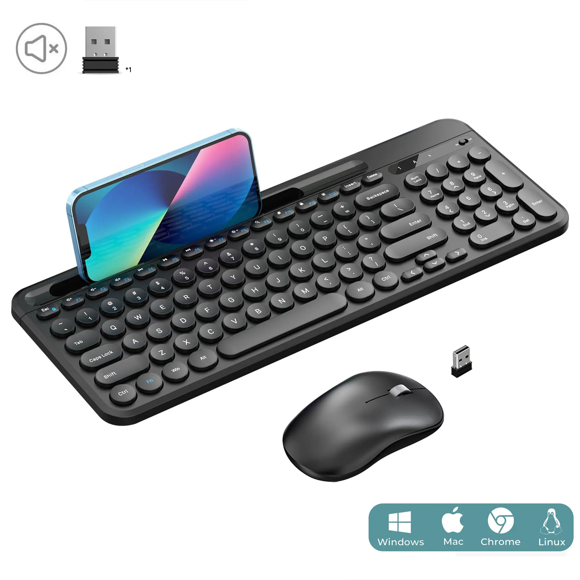 Cimetech 2.4G Wireless USB Keyboard-Mouse Combo, with Numeric Keypad, Tablet Phone Holder, Silent Optical Mouse, USB Receiver, for Windows, Black New Computer & Office Accessory Set