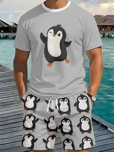 3D Digital Printed Two-Piece Set with Cute Penguin Grey Tone Print, 2Pcs, Trendy Fashion Outfit Set, Trendy Retro Casual Two-Piece Outfit, Resort-Style Trendy Wear, Breathable Sports Casual Style, Perfect Holiday Gift for Men