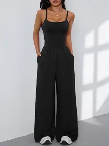Women's Spring Summer Casual Sporty Jumpsuit with Pockets, Sexy Spaghetti Straps and Loose Wide-Leg Design for Yoga and Fitness, Sleeveless Yoga Jumpsuits