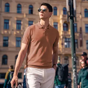 Boveme Men's Business-Casual Solid-Color Lapel-Collar Ribbed Knit Polo Shirt - Silk-Cotton Blend, Minimalist Menswear, Stretchable, Breathable Summer Top