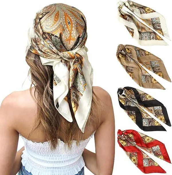 Women's 4-Pack 27-Inch Silk-Feeling Satin Square Head Scarves, Sports Headband Scarf Head Wrap Bandanas